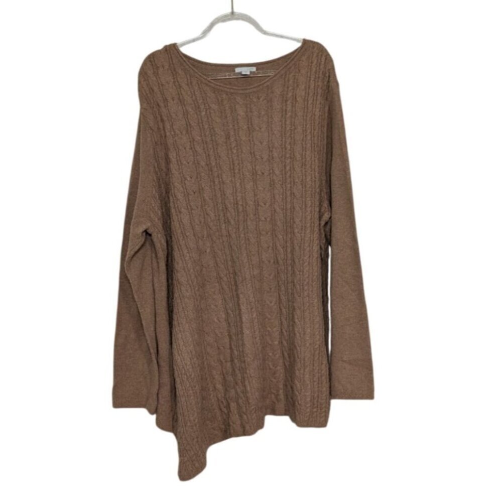 J Jill Cable Knit Sweater Womens Size XL Brown Asymmetrical Hem Neutral Casual